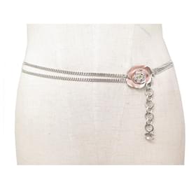 Chanel-CHANEL CHAIN BELT CAMELIA 75 to 85 CM SILVER METAL STRASS CHAIN BELT-Silvery