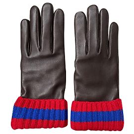 Gucci dark brown leather cashmere web design gloves Red Dark brown Light blue