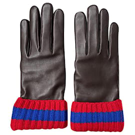 Gucci-Gucci dark brown leather cashmere web design gloves-Red,Dark brown,Light blue