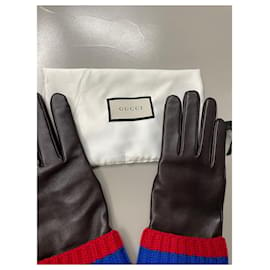 Gucci-Gucci dark brown leather cashmere web design gloves-Red,Dark brown,Light blue