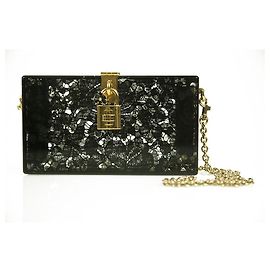 Dolce & Gabbana Clutch Box in plexiglass e pizzo nero con catena dorata Nero
