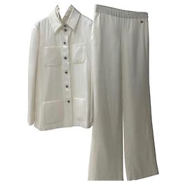 Blusa Calça Chanel Ivory Silk Gripoix Terno Bege