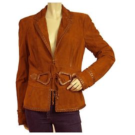 Roberto Cavalli Giacca in pelle scamosciata marrone con cravatta frontale e colletto taglia 44 Marrone