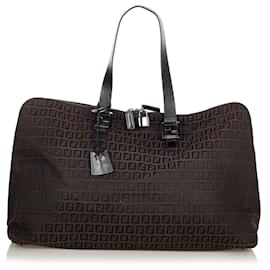 Fendi-Fendi Brown Zucchino Canvas Travel Bag-Brown,Black,Dark brown