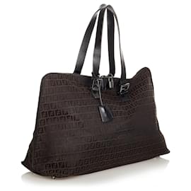Fendi-Fendi Brown Zucchino Canvas Travel Bag-Brown,Black,Dark brown