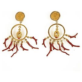 Dolce & Gabbana folheada a ouro moeda coroa e brincos de corais pendurados vermelhos joias com caixa Coral Gold hardware
