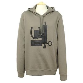 Hermès NEUF PULL HERMES SWEAT A CAPUCHE PATCH CUIR T52 L EN COTON TAUPE NEW TOP Taupe
