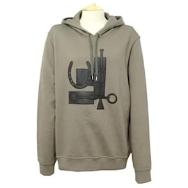 Hermès-NEW HERMES SWEATER HOODIE PATCH LEATHER T52 L IN TAUPE COTTON NEW TOP-Taupe