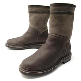 Chanel-NEUF CHAUSSURES CHANEL G30154 36 BOTTES FOURREES CUIR MARRON LOW BOOTS-Marron