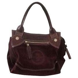 Lancel Crocodile-style split calf leather handbag. Dark brown