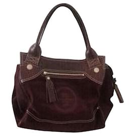 Lancel-Crocodile-style split calf leather handbag.-Dark brown