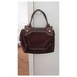 Lancel-Crocodile-style split calf leather handbag.-Dark brown