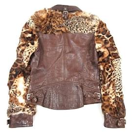 Dolce & Gabbana-[Used] DOLCE & GABANNA Animal Pattern Rabbit Fur Jacket Embossed with Genuine Leather-Brown