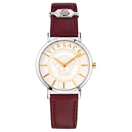 Versace-V-Essential Leather Watch-Silvery,Metallic