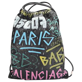Balenciaga-Balenciaga Black Graffiti Explorer Drawstring Leather Backpack-Black,Multiple colors