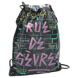 Balenciaga-Balenciaga Black Graffiti Explorer Drawstring Leather Backpack-Black,Multiple colors