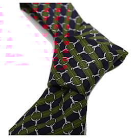 Hermès-[Used] HERMES French Silk Red Navy Check Total Pattern Tie-Red,Navy blue