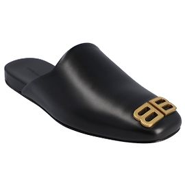 Kuschelige Balenciaga Lederpantoletten in Schwarz mit goldfarbener Hardware Schwarz
