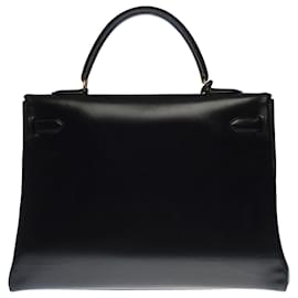 Hermès-Stunning Hermes Kelly handbag 35 returned shoulder strap in black box leather , gold plated metal trim-Black
