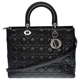 Christian Dior-Très chic sac bandoulière Dior Lady Dior grand modèle (GM) en cuir cannage noir, garniture en métal argenté-Noir