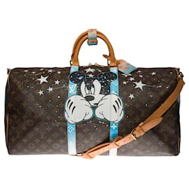 Louis Vuitton-Eccezionale borsa da viaggio Louis Vuitton Keepall 55 tracolla cm in tela monogram marrone e pelle naturale personalizzata "Mickey Fight Club II"-Marrone