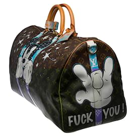 Louis Vuitton-Exceptional Louis Vuitton Keepall travel bag 55 cm shoulder strap in brown monogram canvas and natural leather customized "Mickey Fight Club II"-Brown