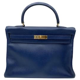 Hermès-Kelly 35 Hardware de oro ,  Con correa de hombro, candado y llaves-Azul