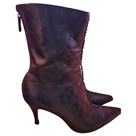 Chanel Leather Ankle Boots Black Black