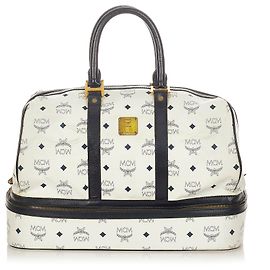 MCM White Visetos Leather Travel Bag Black White