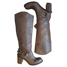 Janet & Janet-Janet & Janet - Boots with heel and metal chain in taupe brown leather, Rock spirit-Taupe