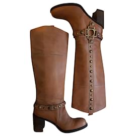 Janet & Janet-Janet & Janet Tan Tan Tan Leather Heeled Boots With Metal Rivets-Beige,Light brown,Caramel