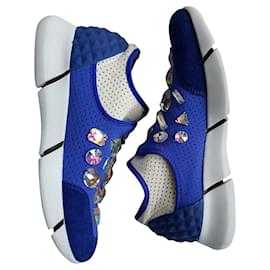 Autre Marque-Elena Iachi – Luxe Baskets sneakers slip-on mocassin Tennis Bleu & strass multico semelle blanche-Blanc,Bleu,Multicolore