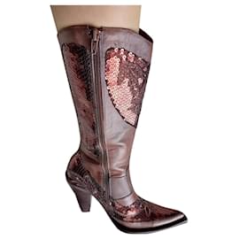 Autre Marque-POMPILI cowboy boots in chocolate brown leather and sequins T38-Brown
