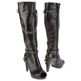 Autre Marque MARE - NEUF - Black leather boots with open toe rock Gothic style heel with silver chains Black Silvery