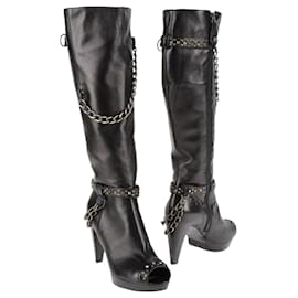 Autre Marque-MARE - NEUF - Black leather boots with open toe rock Gothic style heel with silver chains-Black,Silvery