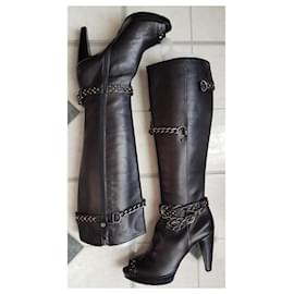 Autre Marque-MARE - NEUF - Stivali in pelle nera con tacco open toe stile rock gotico con catene argento-Nero,Argento
