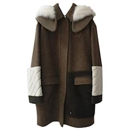 Fendi-Fendi Wool Coat With Fox Fur-Brown