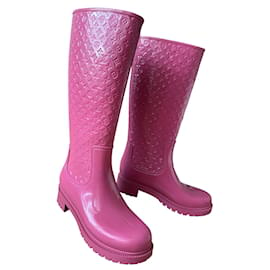 LOUIS VUITTON Rubber Embossed Monogram Splash Rain Boots 36 Pink