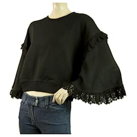 Msgm-MSGM Black Long Wide Sleeves w. Lace Cotton Crop Top Sweater size S-Black