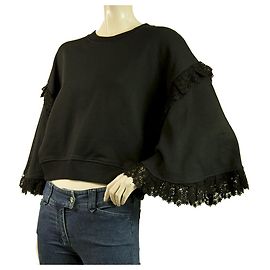 MSGM Schwarze lange weite Ärmel w. Baumwoll-Crop-Top-Pullover mit Spitze Gr. S Schwarz