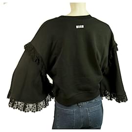 Msgm-MSGM Black Long Wide Sleeves w. Lace Cotton Crop Top Sweater size S-Black