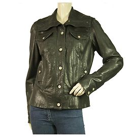 Trussardi Jeans Black Distressed Leather Designer Biker Jacket size 44 Black