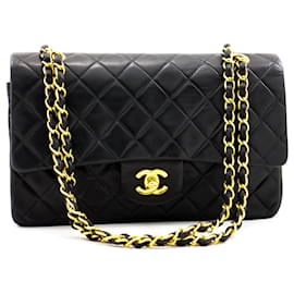 Chanel-Chanel 2.55 solapa forrada 10Bolso de hombro con cadena de piel de cordero negro-Negro