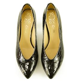 Clarks-Clarks Black Croco Embossed Patent Leather Pointed Toe Pumps Heels Shoes UK 7-Black