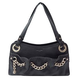 Lancel Curb Chain Handbag Black Leather Black
