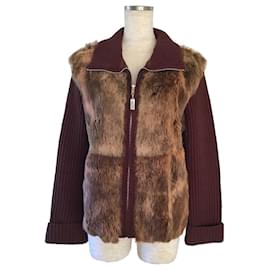 Yves Saint Laurent-Yves Saint Laurent Wool Fur Rib Knit  Cardigan Jacket Zip Up Jacket-Brown