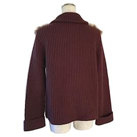 Yves Saint Laurent-Yves Saint Laurent Wool Fur Rib Knit  Cardigan Jacket Zip Up Jacket-Brown