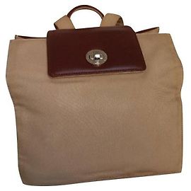 Bulgari leather canvas backpack bag Brown Beige