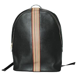 Paul Smith Black Leather Backpack with Stripes Black