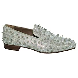 Christian Louboutin-Silver Metallic Glitter Spiked Loafers-Silvery,Metallic